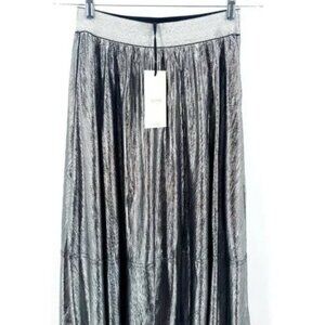 NUMPH Silver Metallic Midi A-line Pleated Lined Skirt Elastic Waist Boutique